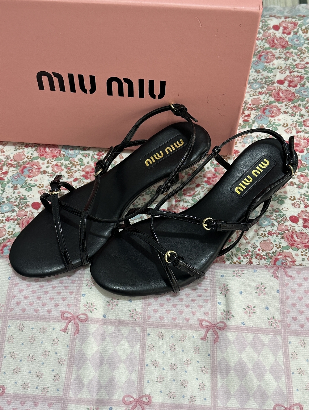 Miu Miu Black Patent Leather Crisscross-Strap Kitten-Heel Sandals